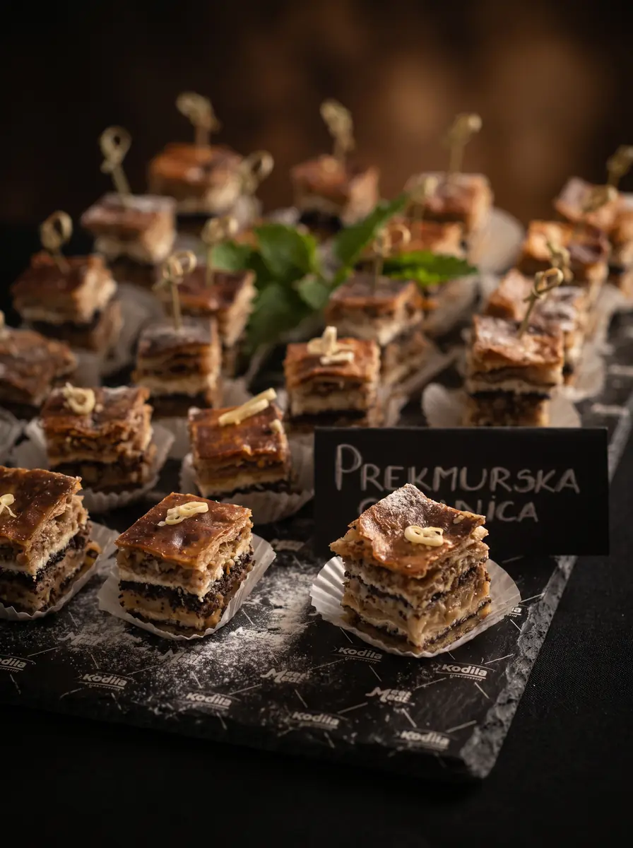 Mini kocke prekmurske gibanice na skrilasti plošči